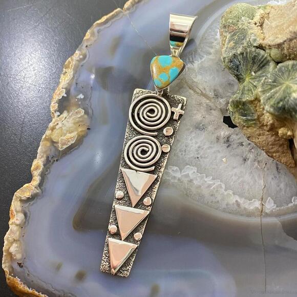 Alex Sanchez Sterling Silver Turquoise Petroglyph Long Unisex Pendant - Picture 5 of 10
